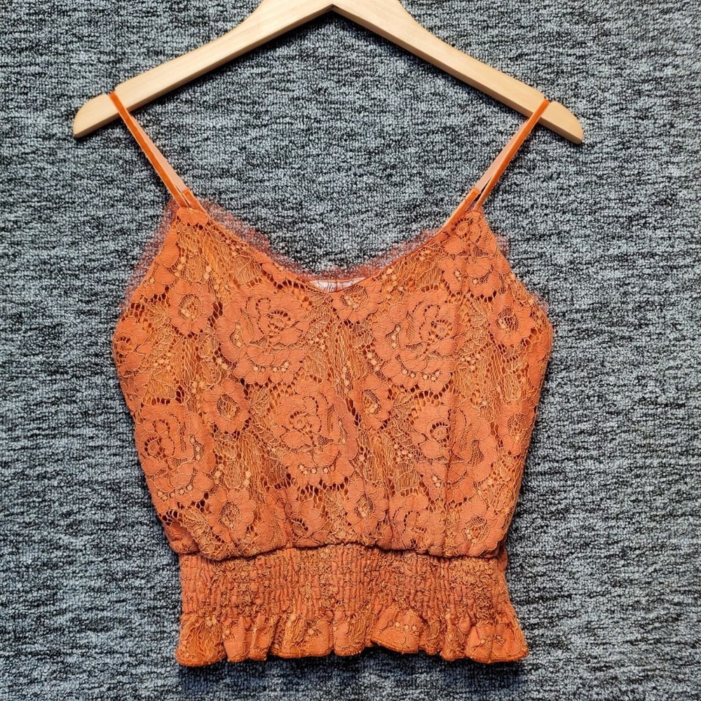 Willow & Root Lace‎ Smocked Tank Top Women Medium Orange Boho Floral Cami